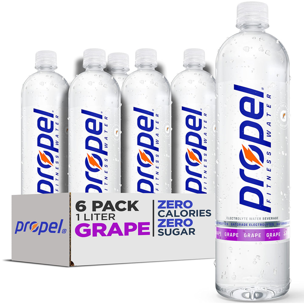 Propel Grape 1L bottle in a six-pack, refreshing hydration for workouts.