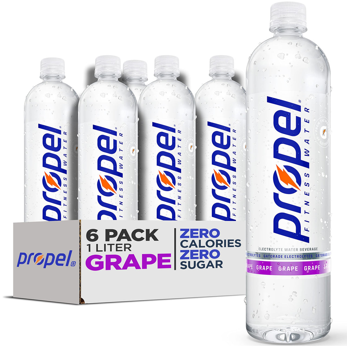 Propel Grape 1L bottle in a six-pack, refreshing hydration for workouts.