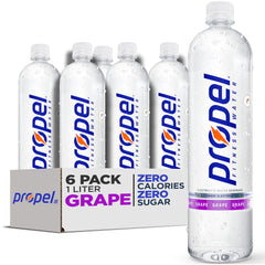 Propel Grape 1L bottle in a six-pack, refreshing hydration for workouts.