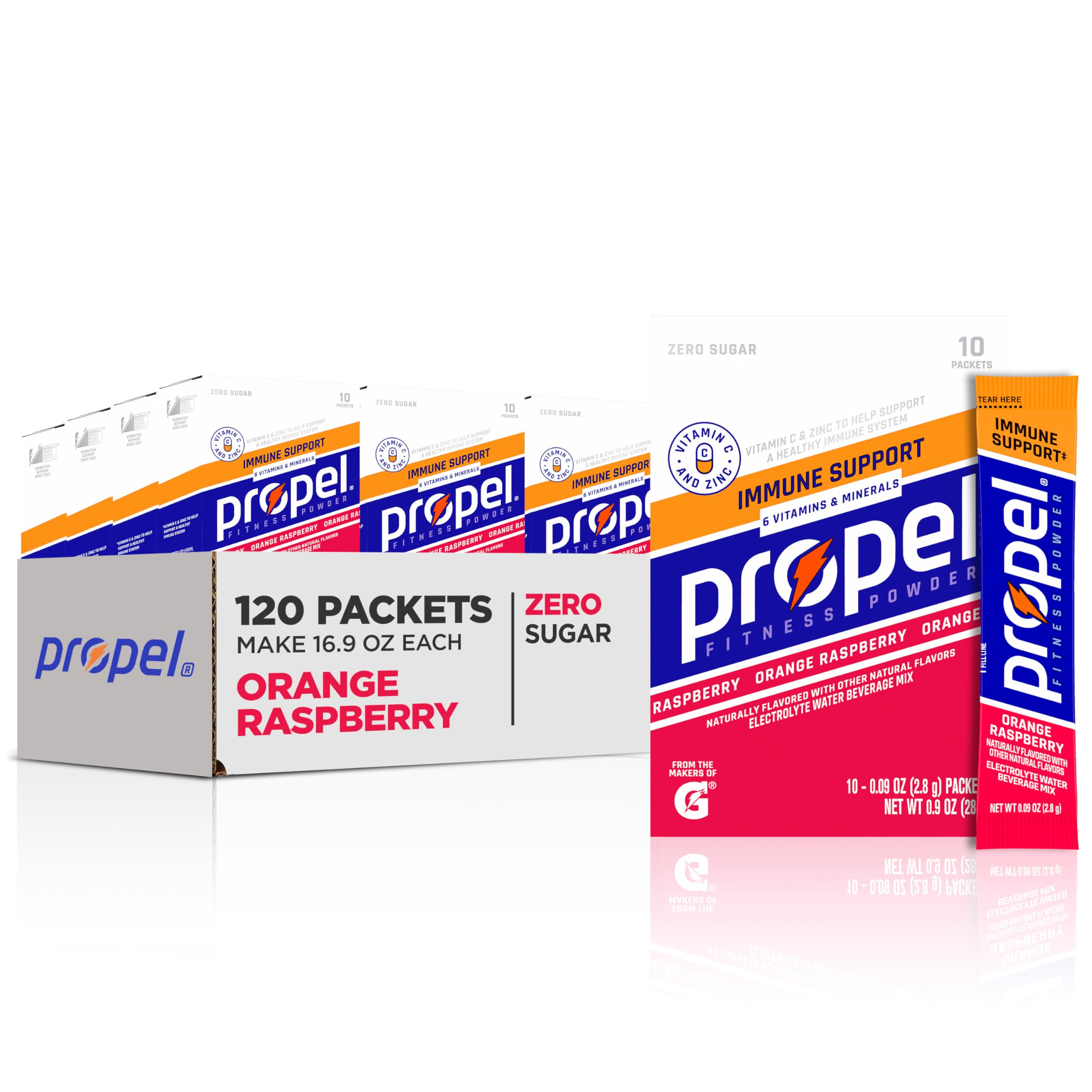 Propel Immune orange-raspberry packet highlighting vitamin C and zinc benefits for hydration