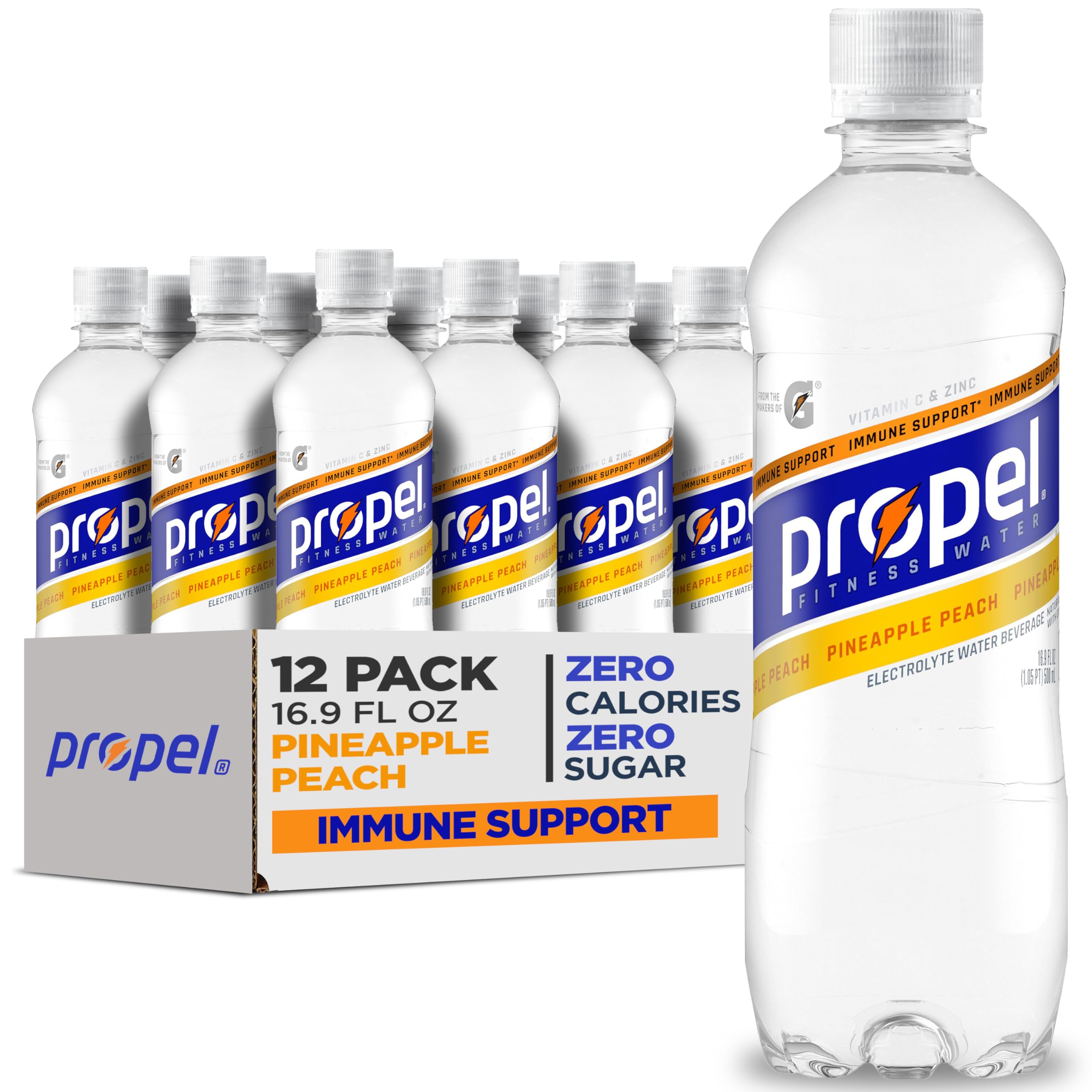 Propel Immune Support bottle in Pineapple Peach flavor for active hydration.