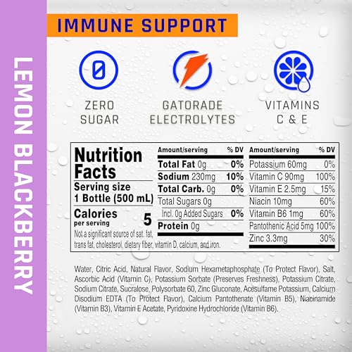 Propel Immune Support bottle back shows ingredients and zero calories.
