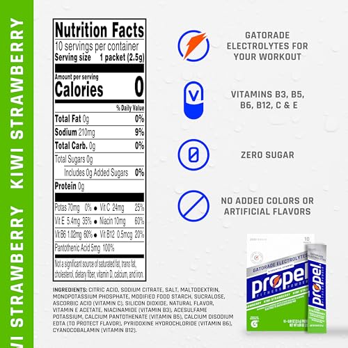 Propel Kiwi Strawberry box showing 10 hydration packets for convenient use