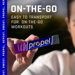 Closeup of Propel Kiwi Strawberry packet and flavor details.