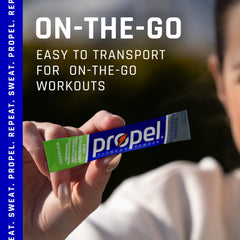Close-up of Propel Kiwi Strawberry packets highlighting flavor and zero calories