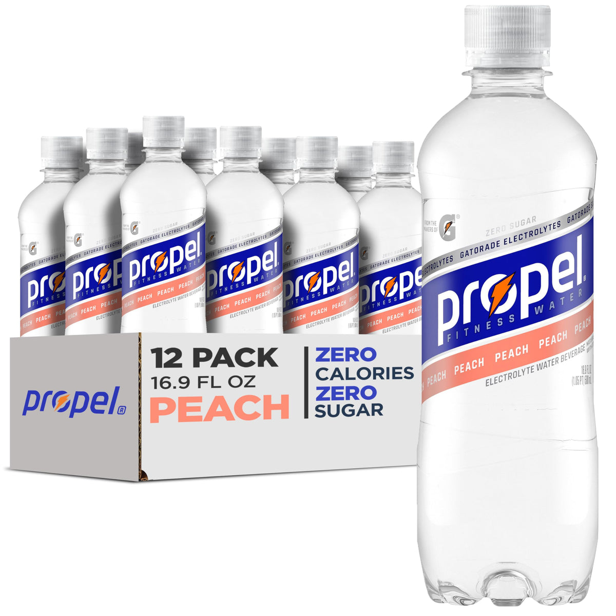 Propel Peach bottle front view for refreshing zero sugar hydration during workouts.