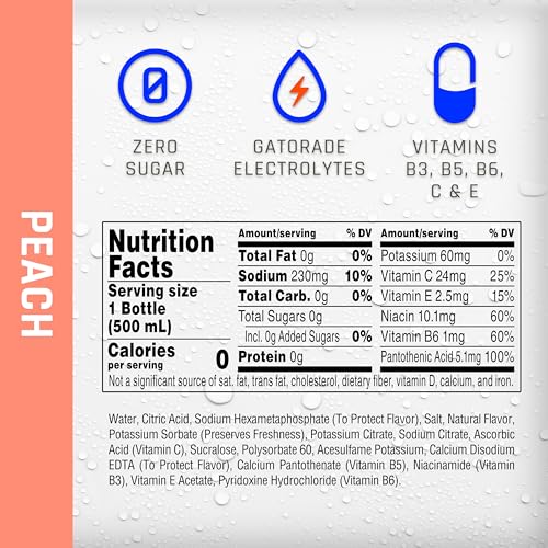 Propel Peach bottle label closeup highlights vitamins C and E.