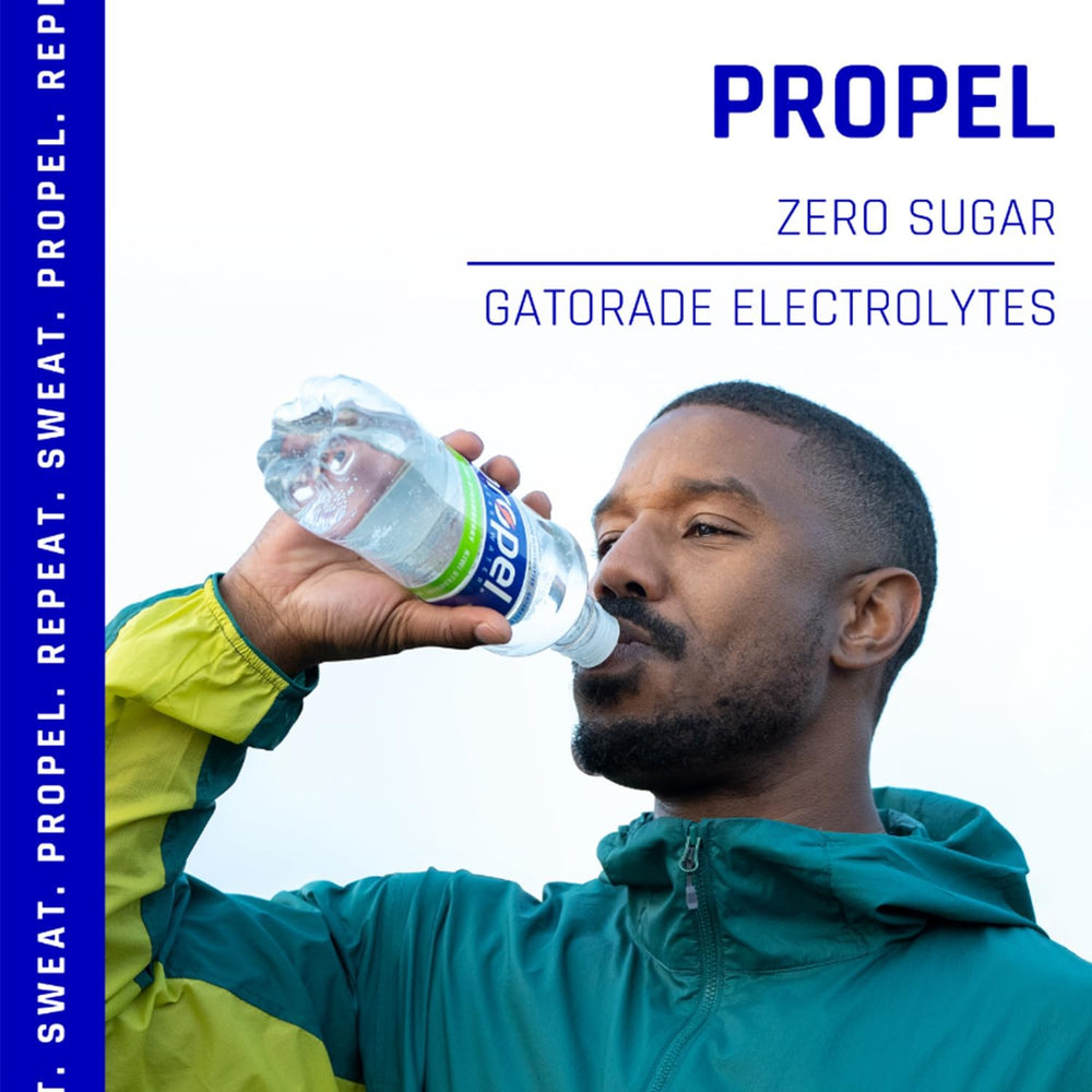 Propel Peach 12-pack shown for gym bag hydration on the go.