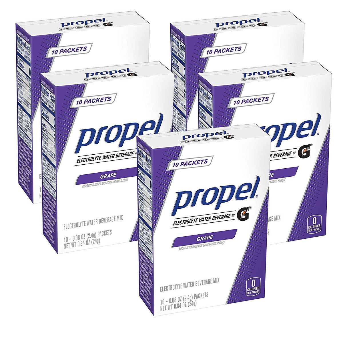 Propel grape powder packets front of box for hydration on the go.