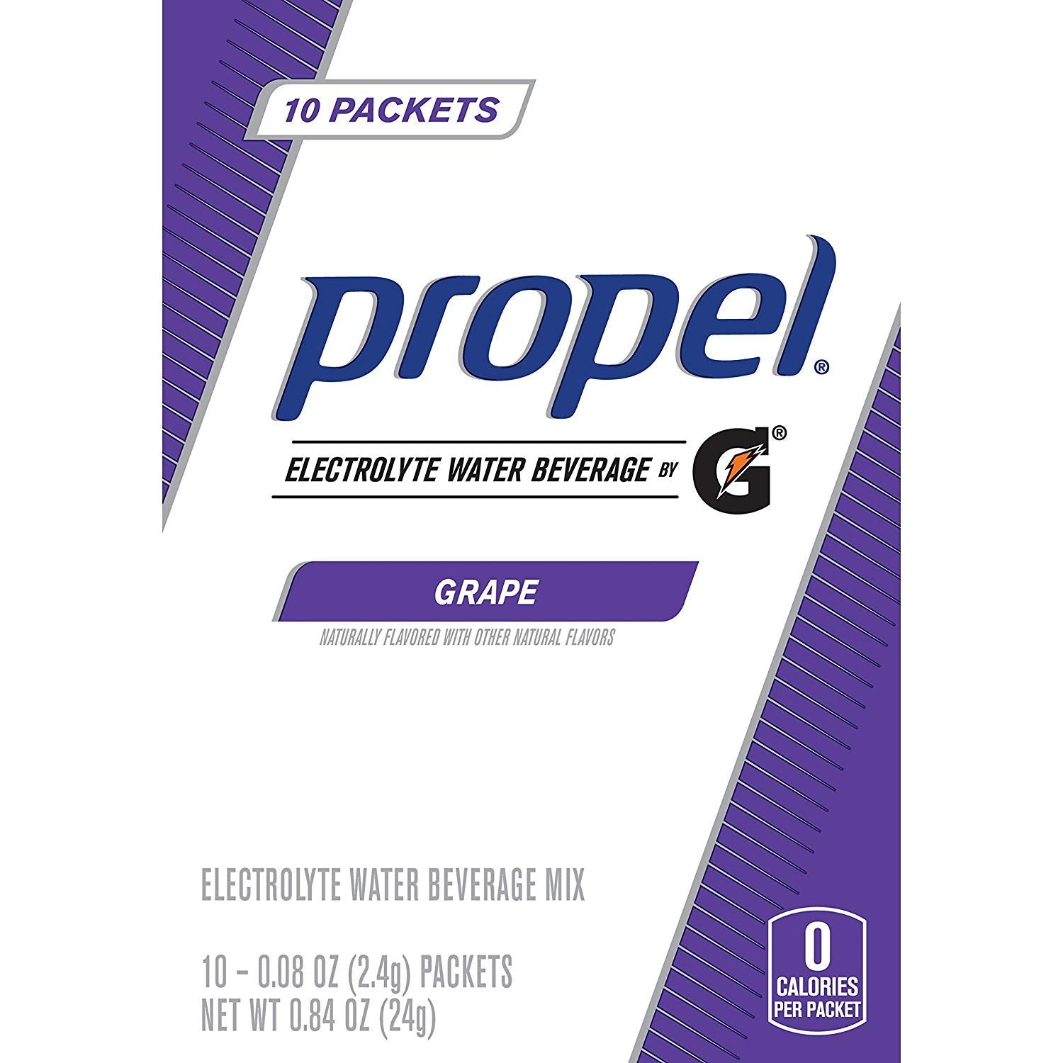 Propel grape powder packets dissolving in water for a refreshing drink.