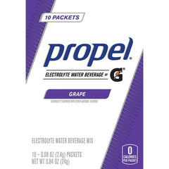 Propel grape powder packets dissolving in water for a refreshing drink.