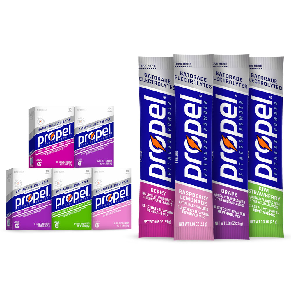 Propel Raspberry Lemonade packets ready for on-the-go zero-calorie hydration.