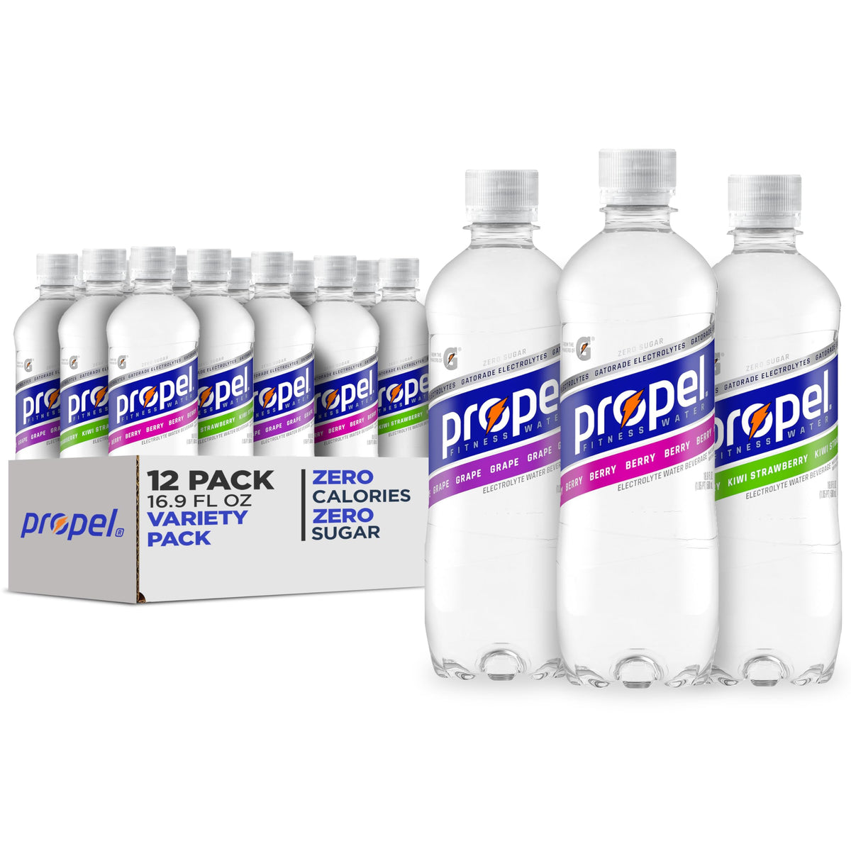 Propel variety-pack 12 bottles for convenient hydration.