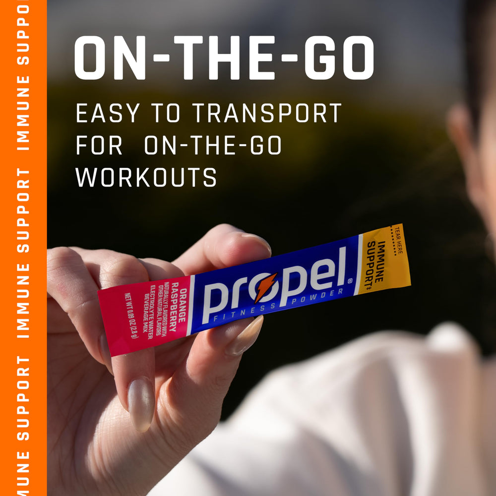 Propel orange-raspberry packet featuring 100% DV vitamin C for daily intake
