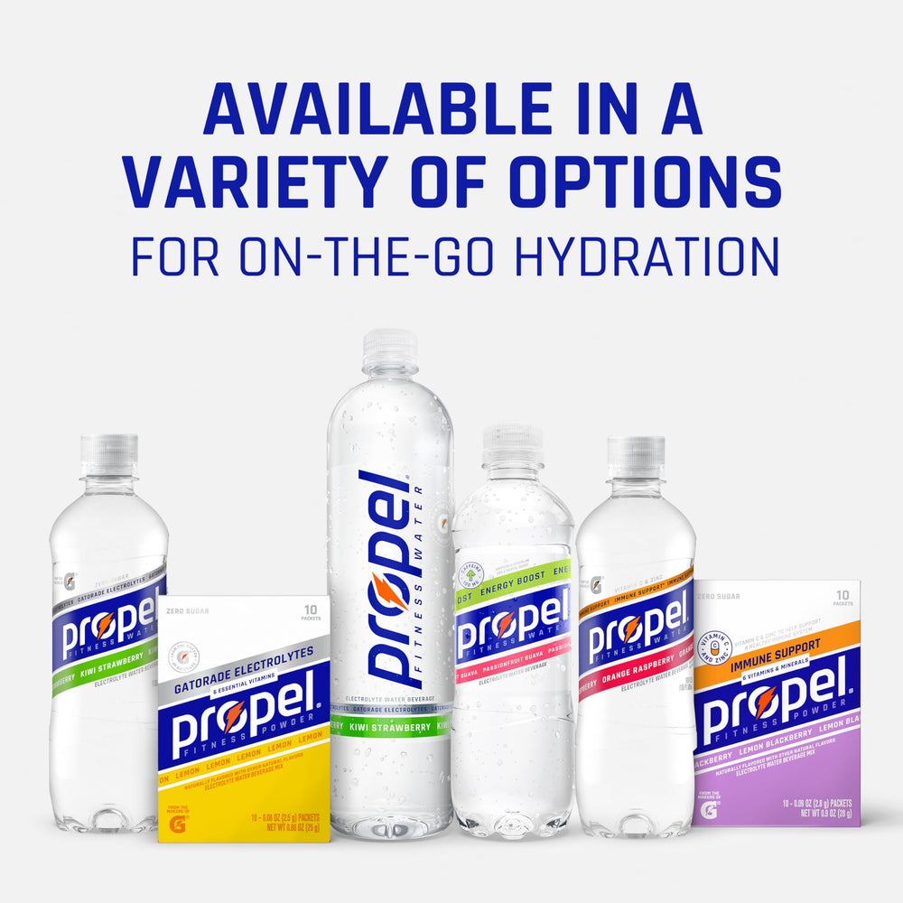 Propel vitamin label highlights B3, B5, B6, B12, C, E.