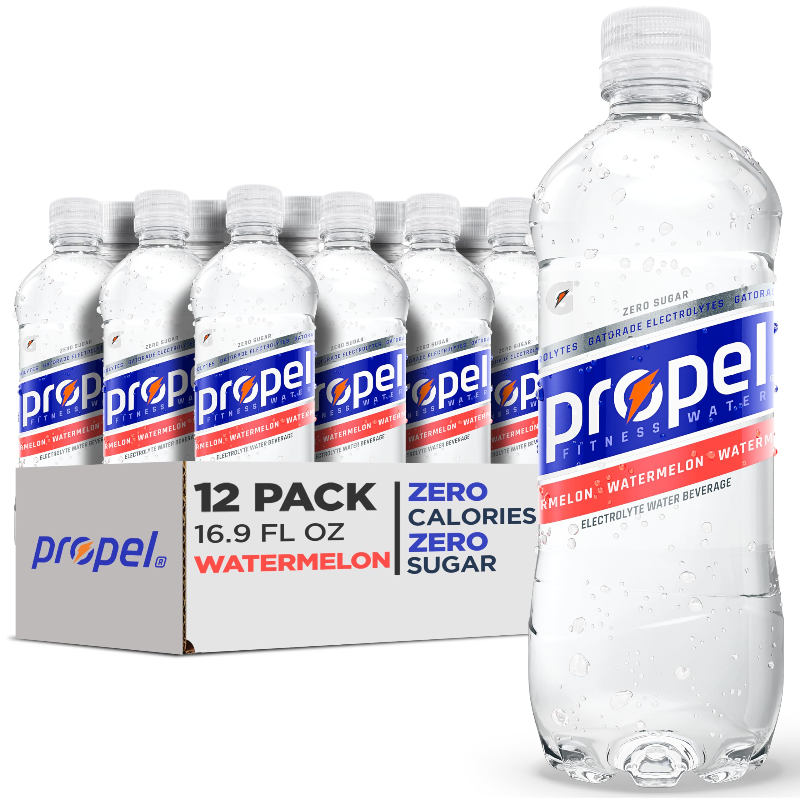 Propel watermel on bottle 16.9 oz for zero-calorie hydration during workouts.