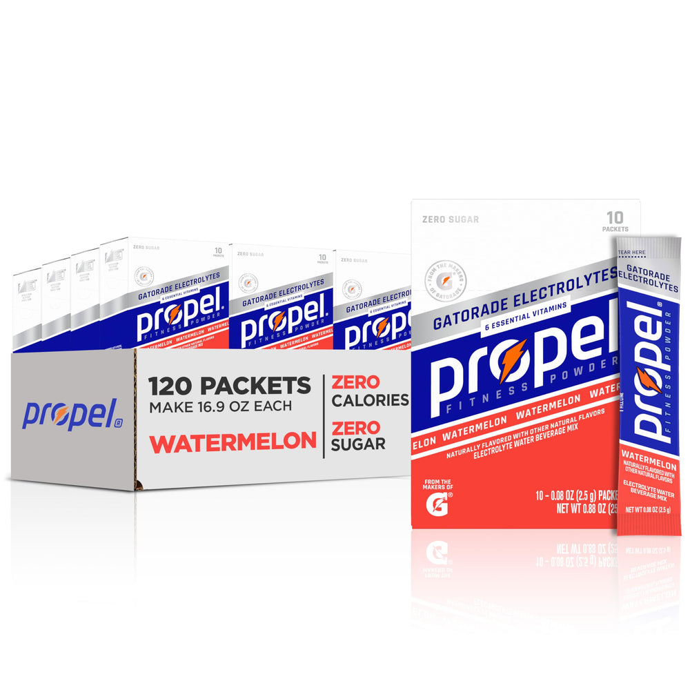 Propel Watermelon packets in a box for convenient workout hydration.