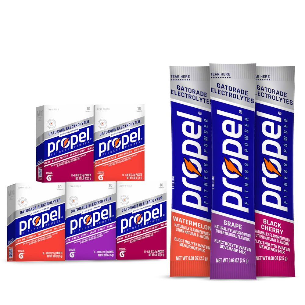 Propel Watermelon packets in a box for zero-calorie hydration during workouts.