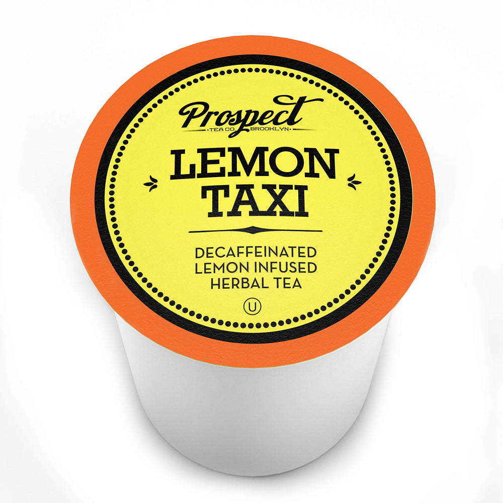Prospect Tea Co. decaf Lemon Taxi pod closeup label shows careful sourcing and artisanal blending.