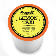 Prospect Tea Co. decaf Lemon Taxi pod closeup label shows careful sourcing and artisanal blending.