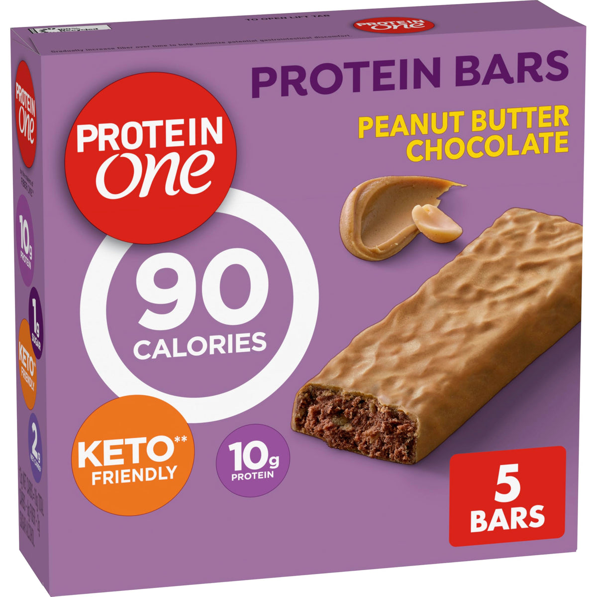 Protein One peanut butter chocolate bar box, keto-friendly snack for busy days.