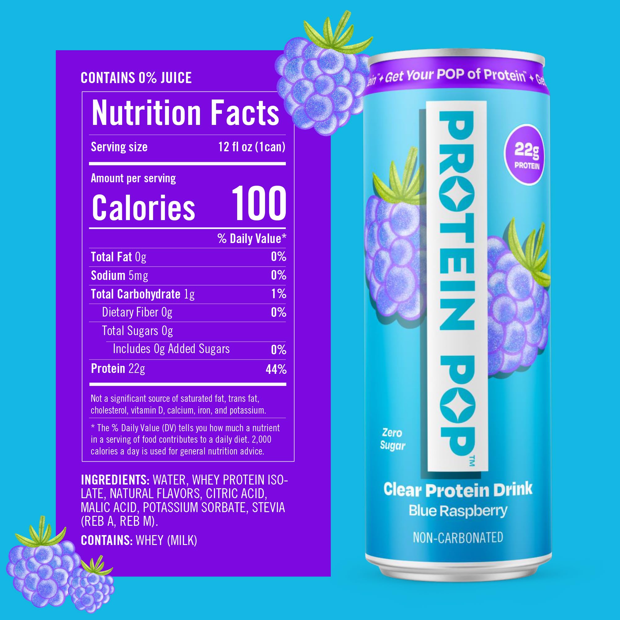 Protein Pop clear whey bottle emphasizes easy digestion and light texture.