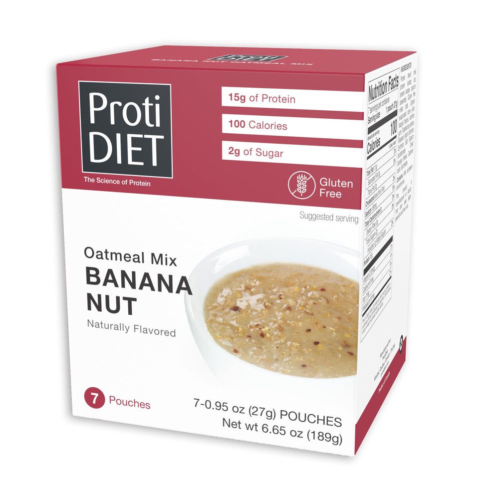 ProtiDIET Banana Nut Oatmeal packet ready for a high-protein breakfast.