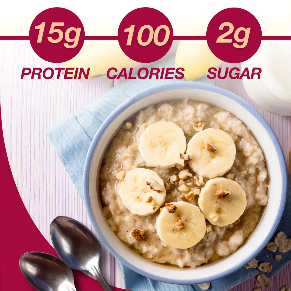 ProtiDIET Banana Nut Oatmeal prepared bowl showcases creamy, satisfying morning meal.