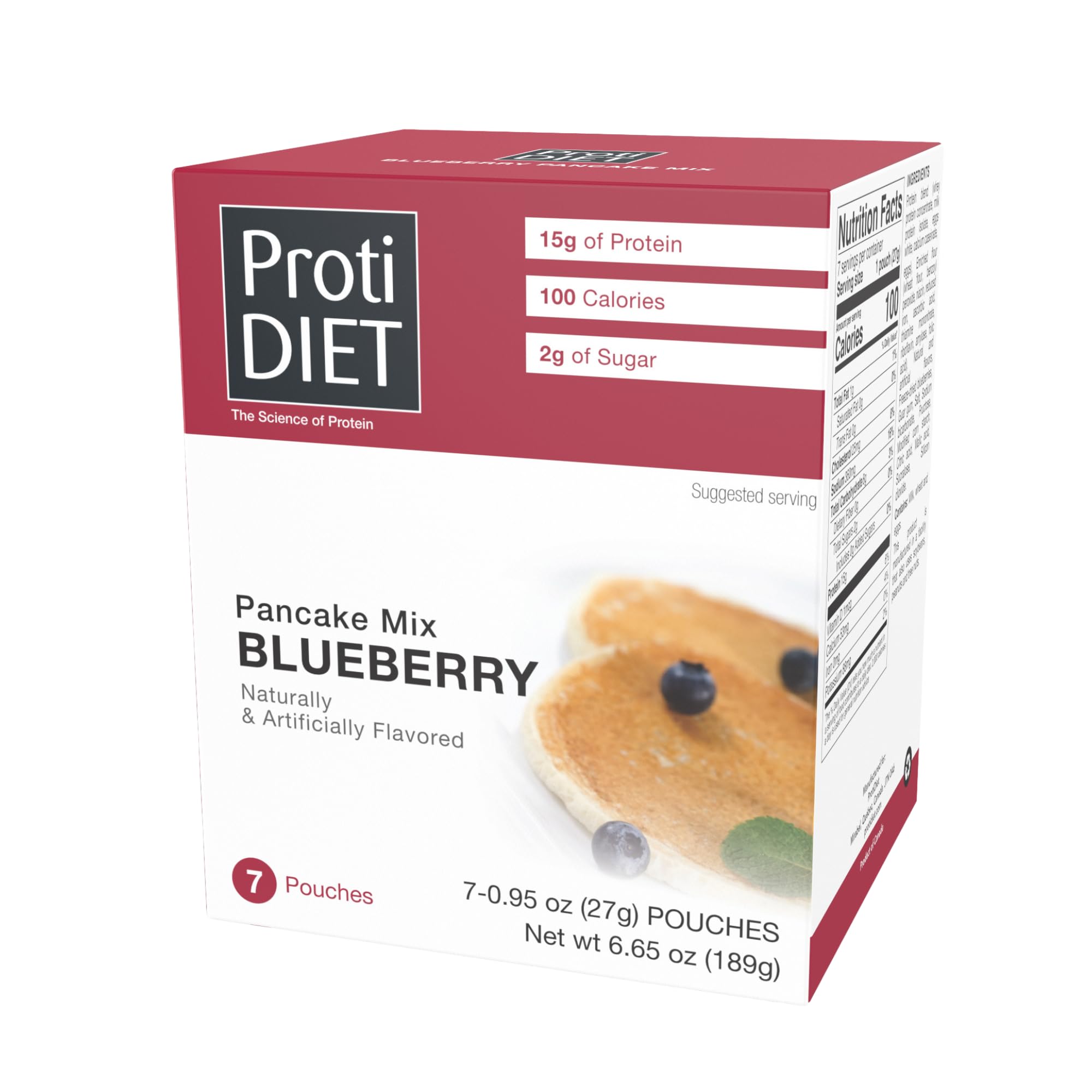 ProtiDIET Blueberry Pancakes box front—high-protein convenience for busy mornings.