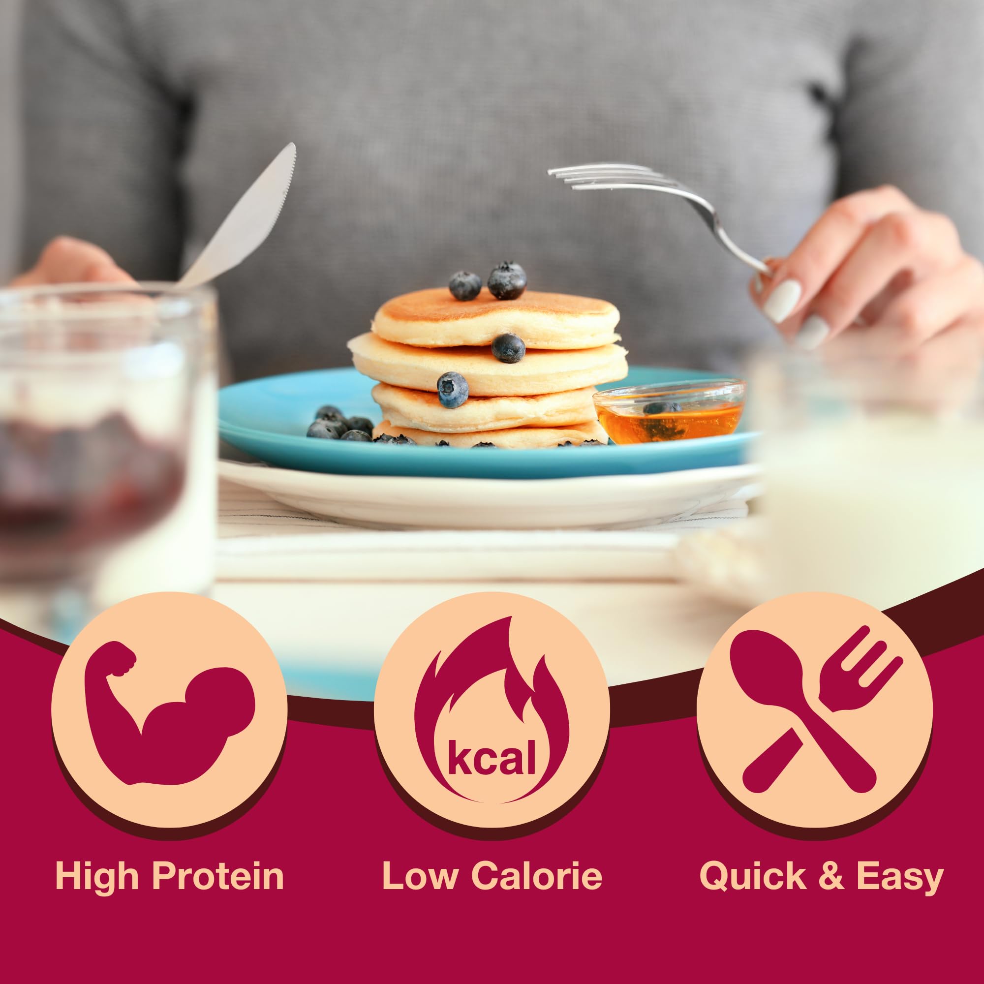 ProtiDIET Blueberry Pancakes cooking step illustrates quick mix and cook.
