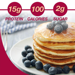 ProtiDIET Blueberry Pancakes ingredients panel emphasizes simple, no-measure preparation.