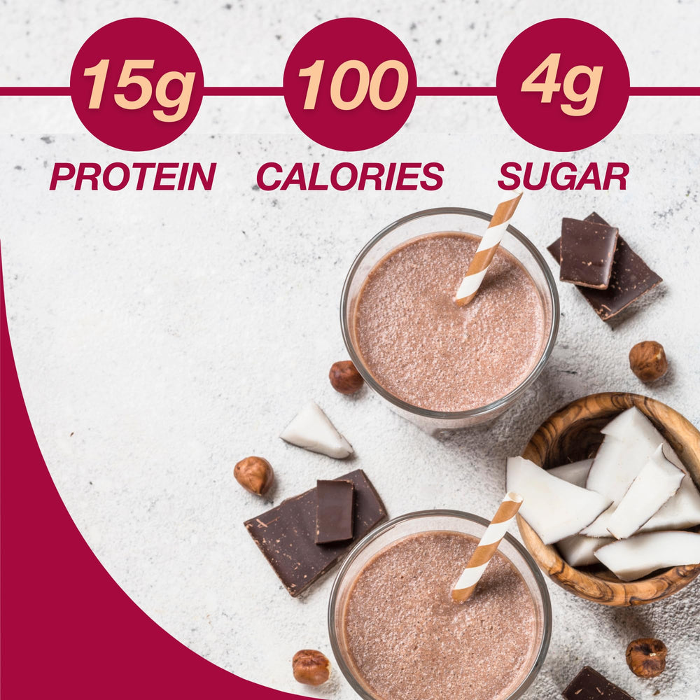 ProtiDIET chocolate shake glass shows a creamy drink with 15g protein per serving.