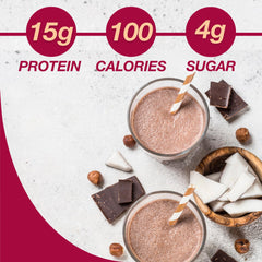 ProtiDIET chocolate shake glass shows a creamy drink with 15g protein per serving.