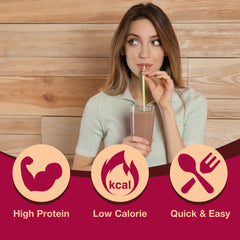 ProtiDIET chocolate protein shake packet dissolves easily in water for on-the-go nutrition.