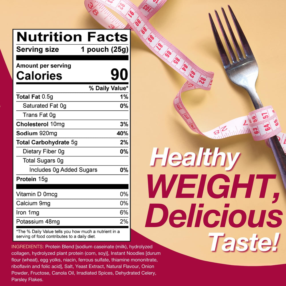 Close-up of ProtiDIET pouch with a scoop of protein-rich mix.