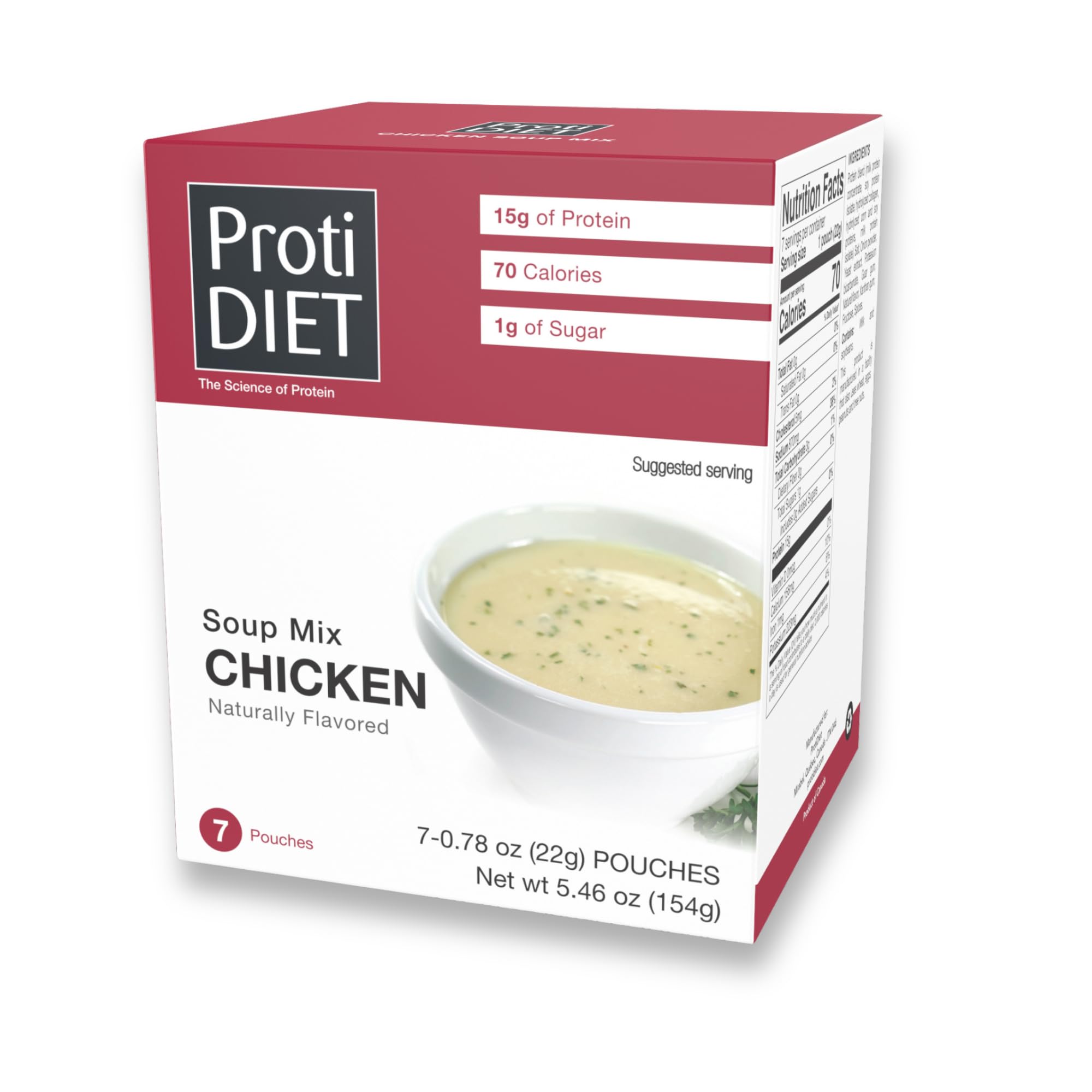 ProtiDIET packaging showing seven convenient protein-packed chicken soup pouches.