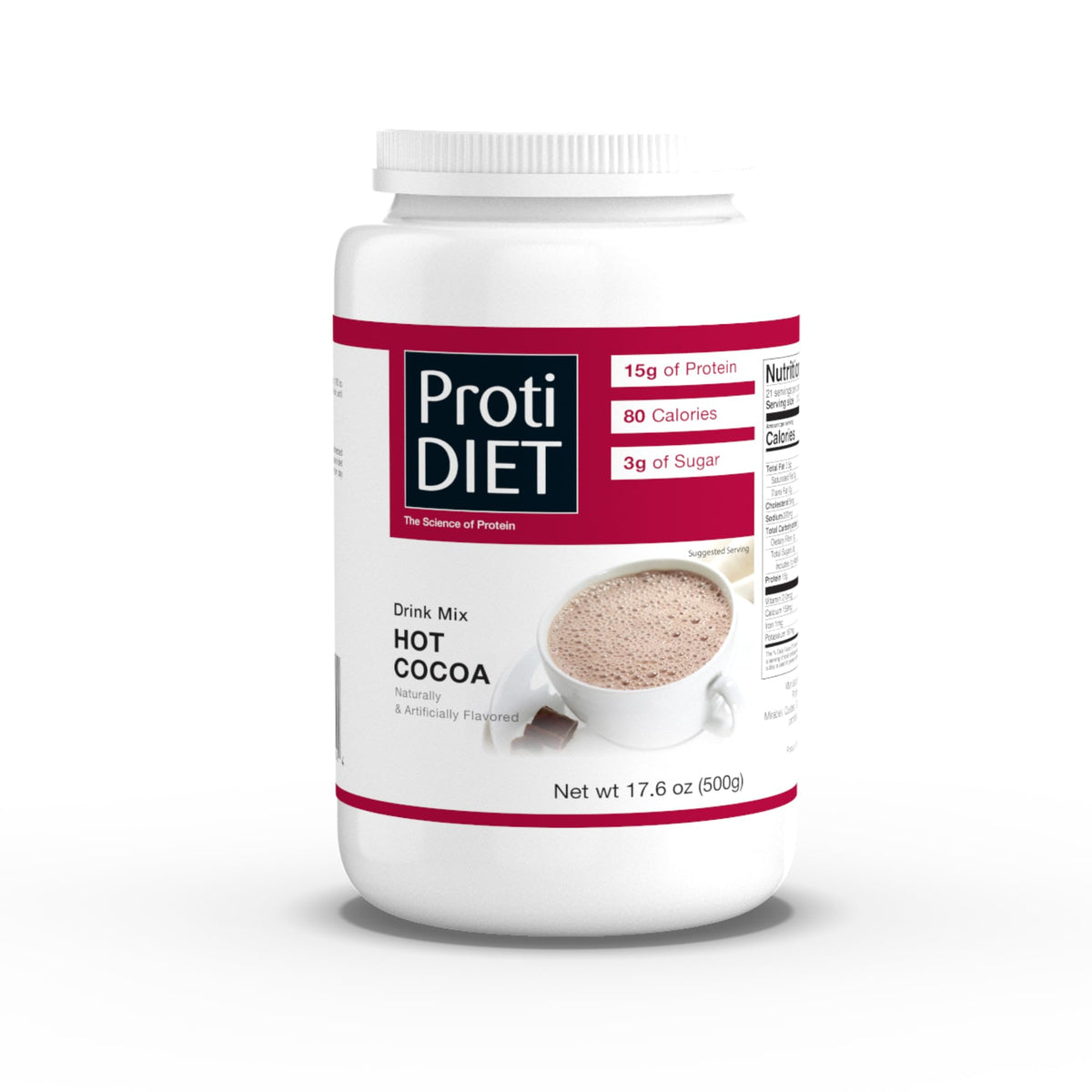 ProtiDIET high-protein hot cocoa canister ready for a protein boost