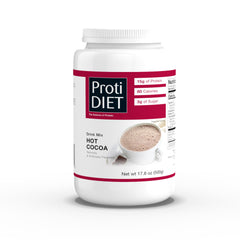 ProtiDIET high-protein hot cocoa canister ready for a protein boost