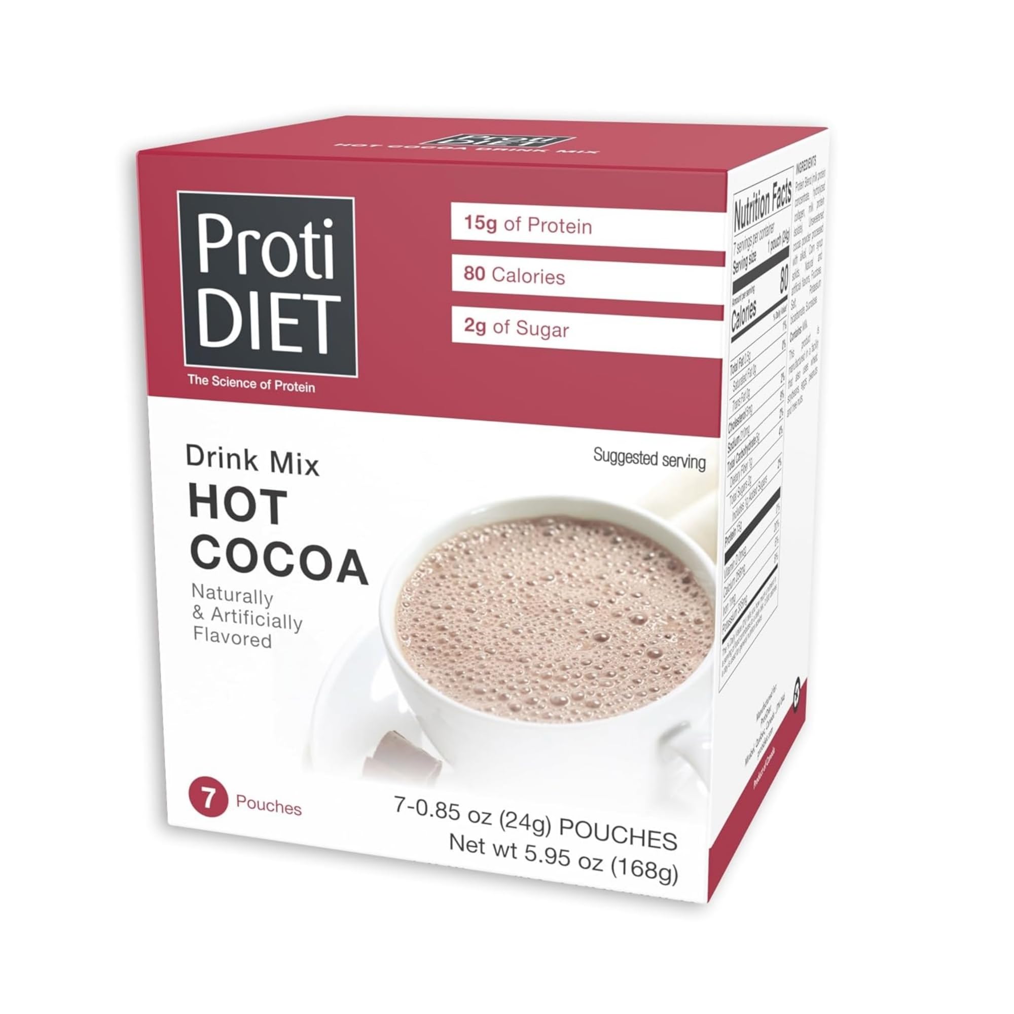 ProtiDIET hot cocoa packet close-up for a protein boost