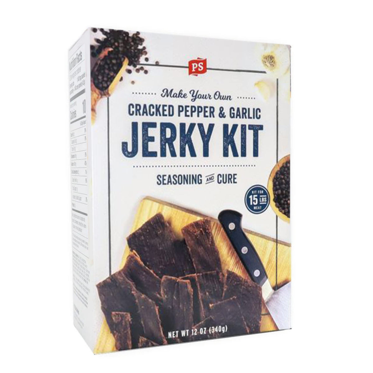 PS Seasoning Jerky Kit packaging with cracked pepper and garlic flavors, ready to inspire homemade jerky.