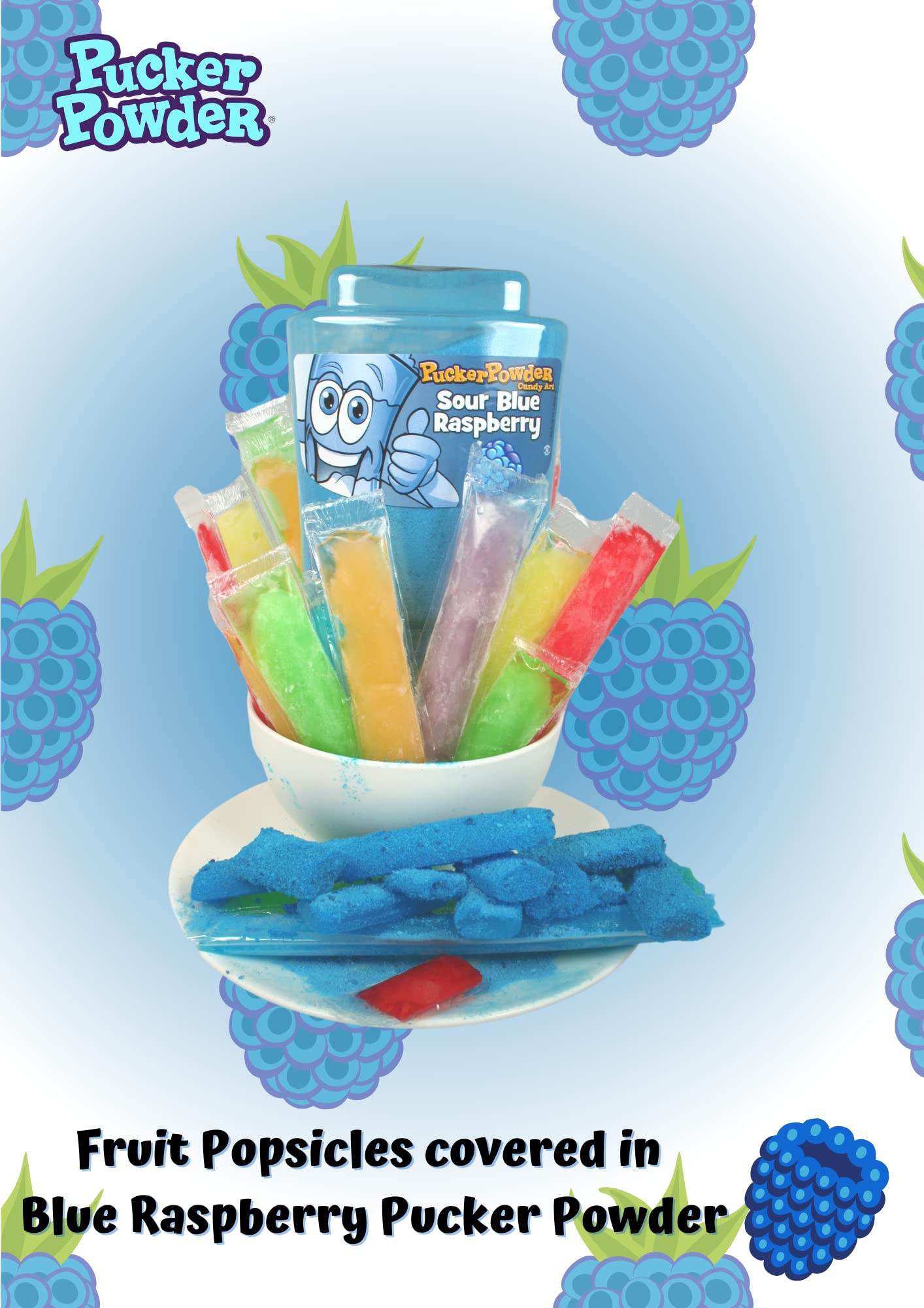 Pucker Powder Sour Blue Raspberry on desserts creates eye-catching blue topping.