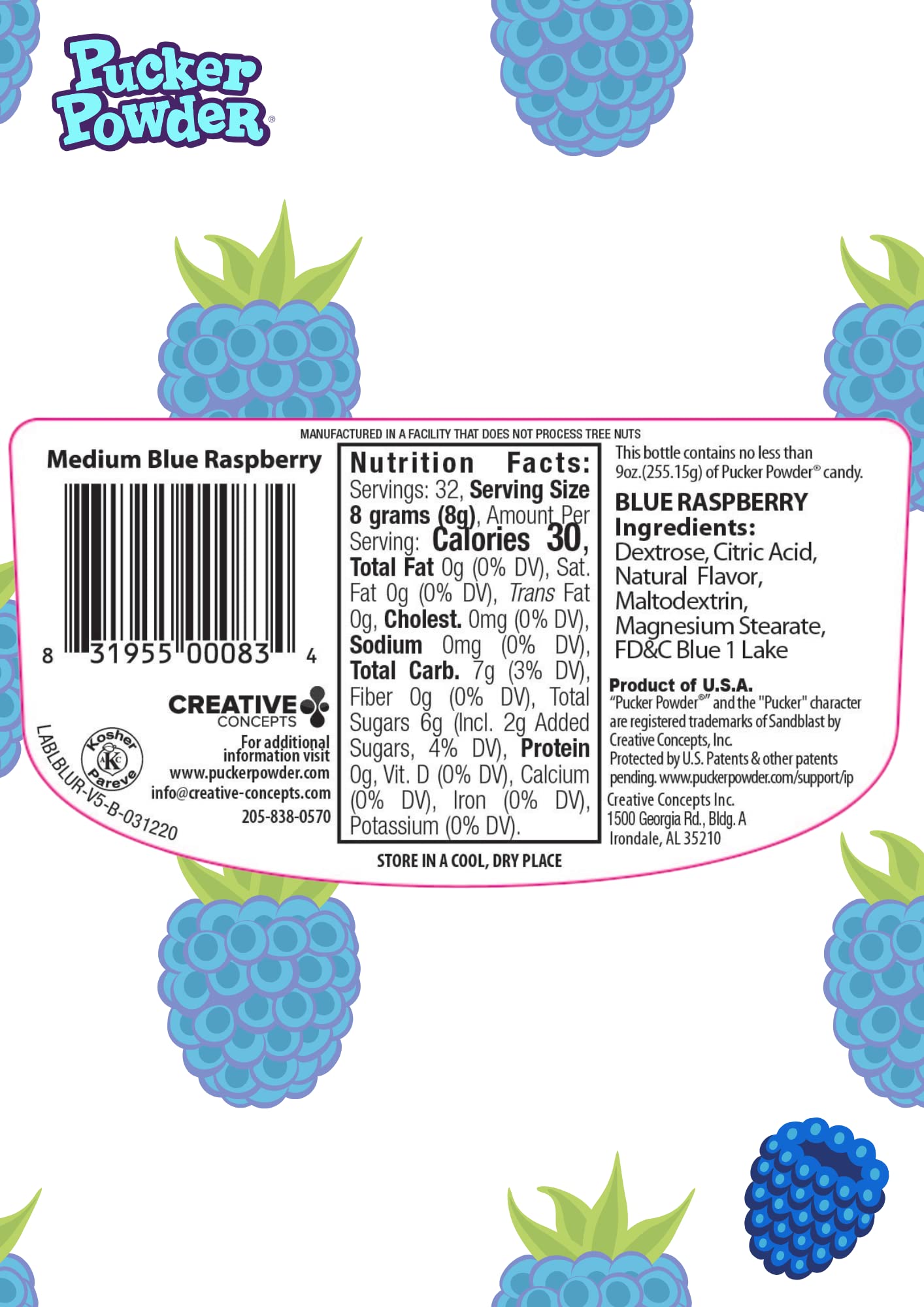 Pucker Powder Sour Blue Raspberry dispensing bottle shows tangy topping option.