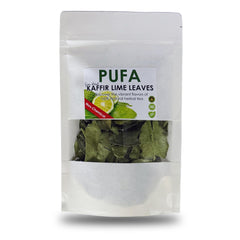 PUFA dried kaffir lime leaves close-up in a resealable bag, preserving fresh aroma for curries and soups.