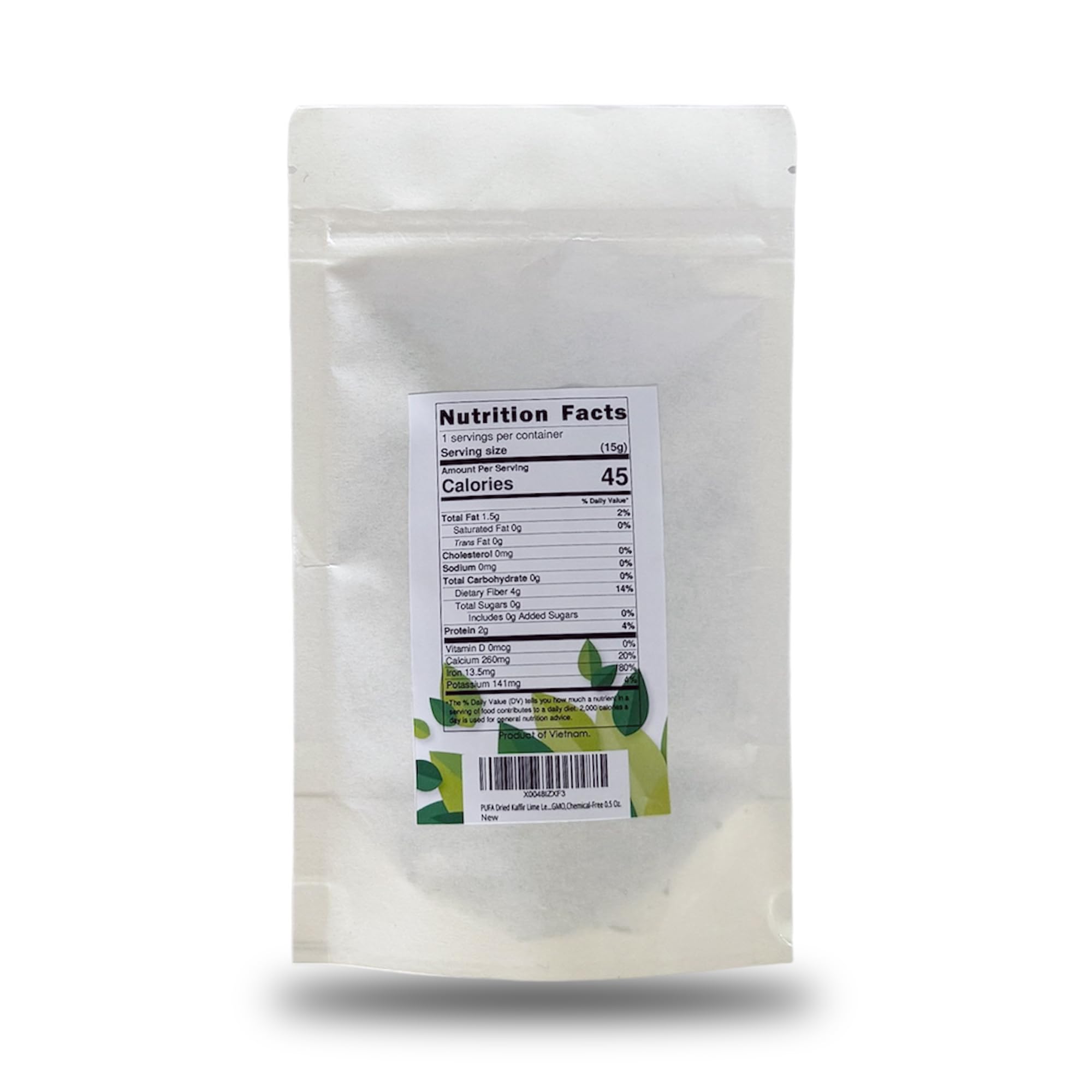 PUFA dried kaffir lime leaves in resealable bag, ideal for Tom Yum and Panang curry.