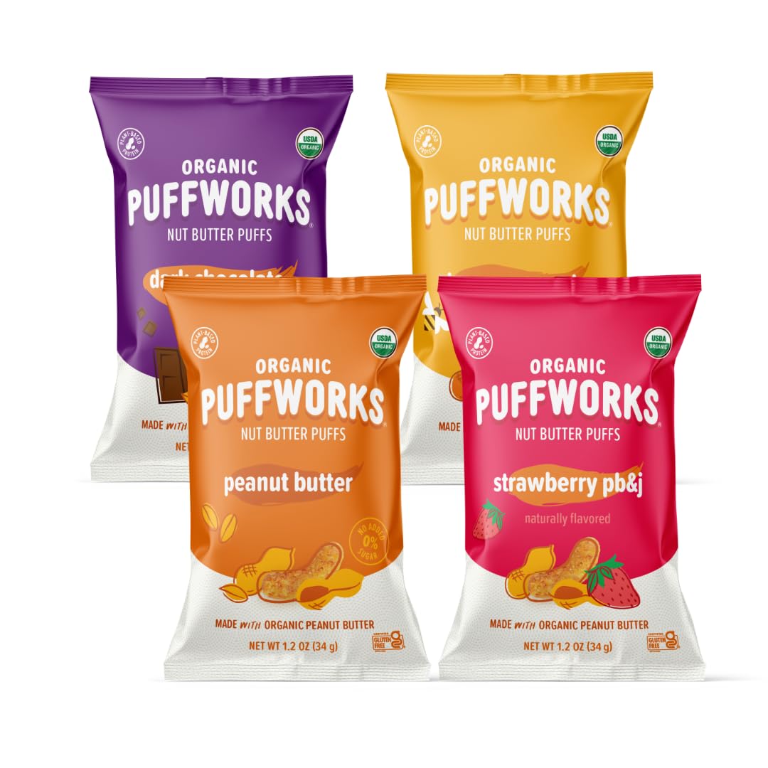 Puffworks four-flavor variety pack box, ideal for on-the-go plant-based snacking.