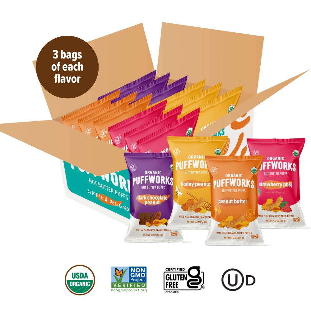 Puffworks Honey Peanut Butter Puffs bag, lightly sweetened snack for energy.