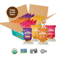 Puffworks Honey Peanut Butter Puffs bag, lightly sweetened snack for energy.