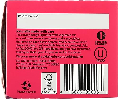 Pukka box of organic herbal tea on a kitchen shelf.