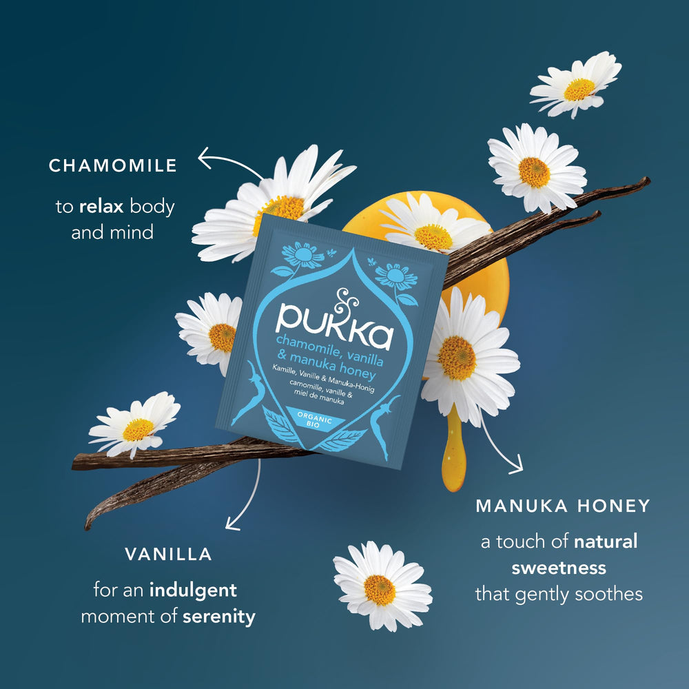 Chamomile bloom with vanilla and honey notes in a warm Pukka cup