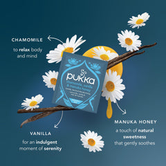 Chamomile bloom with vanilla and honey notes in a warm Pukka cup